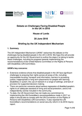 UK Independent Mechanism: Debate on Challenges Facing Disabled People in the UK in 2018
